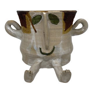 1977 Signed Studio Pottery Face Figurative Planter With Arms and Legs For Sale