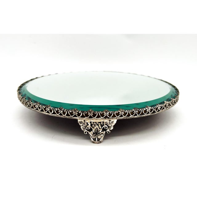 8" Vintage Round Mirrored Plateau Tray With Ornate Silver-Tone Gallery – Hollywood Regency / Neoclassical For Sale - Image 15 of 15