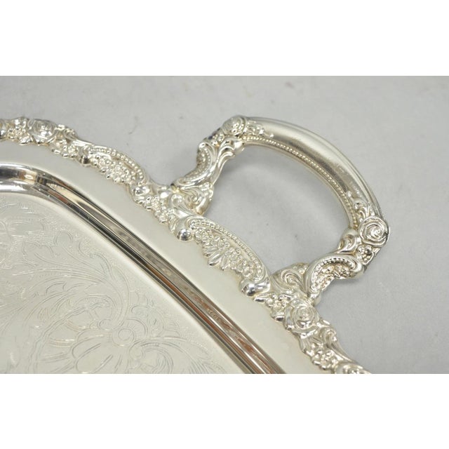 Metal Vintage Oneida Victorian Silver Plated Etched Butlers Serving Platter Bar Tray For Sale - Image 7 of 15