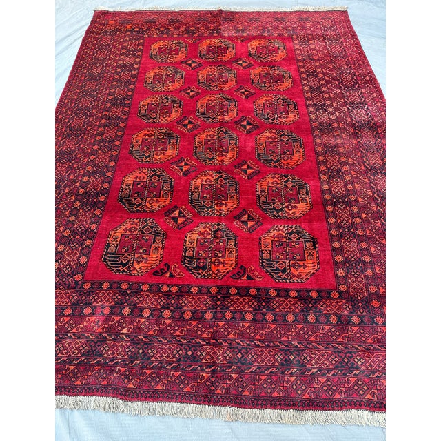 Textile Red Turkmen Bokhara Hand-Knotted Wool Rug - 7'1" X 9'8" For Sale - Image 7 of 11