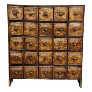 Antique Bank of 25 Shop Drawers with Hand-Painted Names For Sale