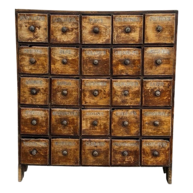 Antique Bank of 25 Shop Drawers with Hand-Painted Names For Sale
