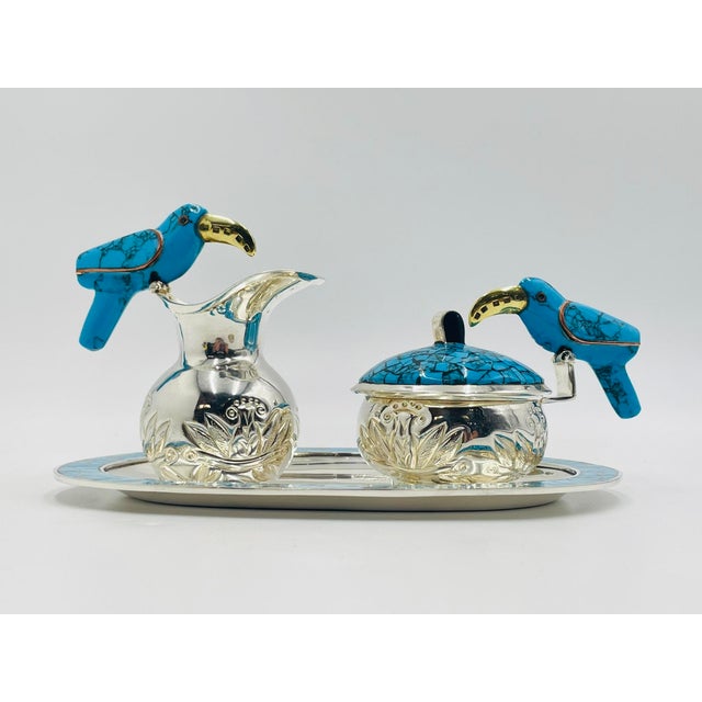Mexican 1960s Fajardo Taxco Silver Plate Brass Lapis Toucan Creamer Sugar Tray Set - 3pcs For Sale - Image 3 of 18