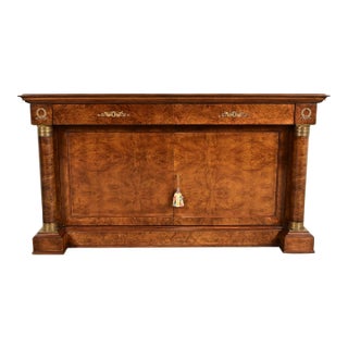 Baker Furniture Style French Empire Burl Wood Sideboard or Bar Cabinet With Mounted Ormolu For Sale