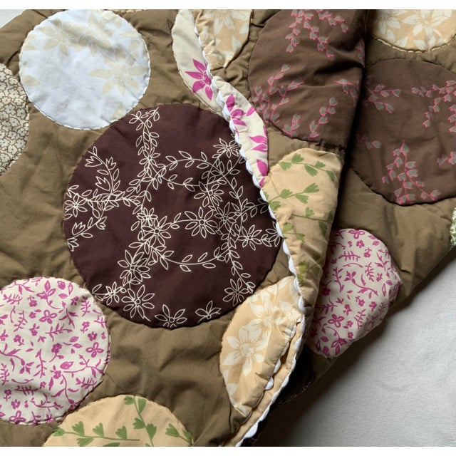 Japanese Hippie-Chic Japanese Cotton Medallion Quilt — Chocolate Brown & Pink Floral Circles, Hand Quilted, 66x88P For Sale - Image 3 of 18