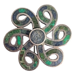1970s Los Castillo Mexico Turquoise Malachite Lapis Swirl Sterling Brooch For Sale