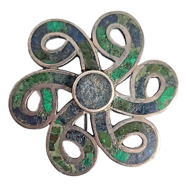 1970s Los Castillo Mexico Turquoise Malachite Lapis Swirl Sterling Brooch For Sale