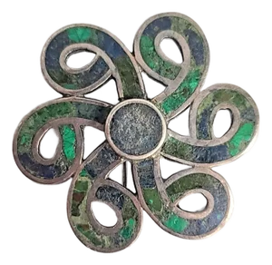 1970s Los Castillo Mexico Turquoise Malachite Lapis Swirl Sterling Brooch