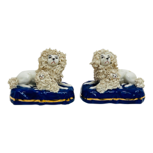 C. 1850 English Chelsea Porcelain Poodles W/ Pups Figurines Pair