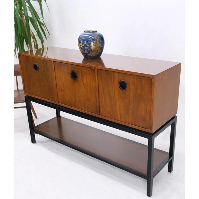 Wood Ebonized Base Walnut Three Doors Mid-Century Modern Credenza Console Cabinet For Sale - Image 7 of 13