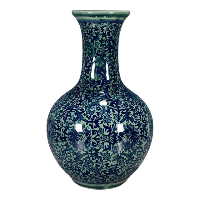 Vintage Chinese Celadon Ground Blue & White "Lotus Scroll" Vase, Yongzheng Mark For Sale