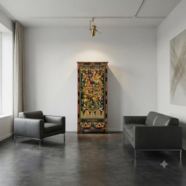 Wood Oriental Tibetan Style Golden Dragon Graphic Tall Slim Storage Cabinet For Sale - Image 7 of 15