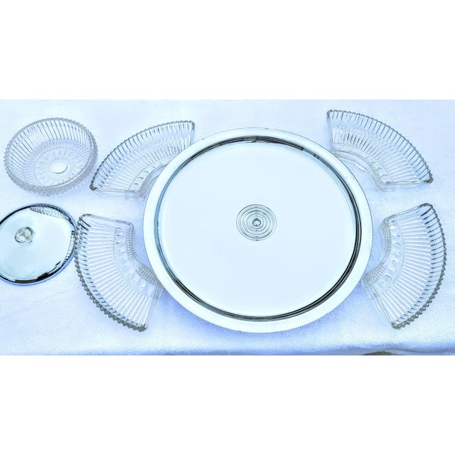 Mid-Century Modern Mid Century Kromex Pressed Glass on Pedastal Relish Entertainment Set For Sale - Image 3 of 12