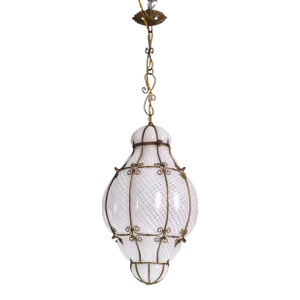Large Size Venetian Lantern in Murano Reticello Glass, 1940s