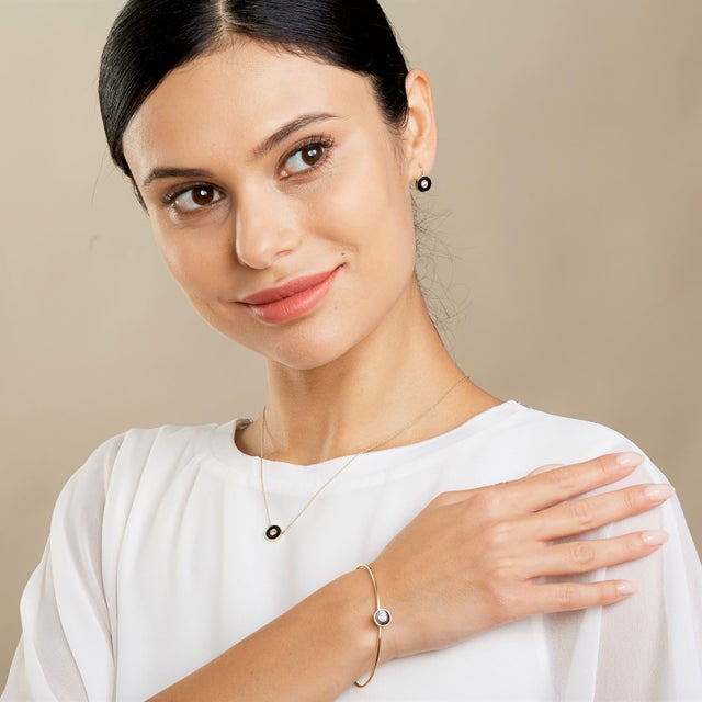 Contemporary Syna Yellow Gold Diamond Black Enamel Disc Earrings, a Pair For Sale - Image 3 of 5