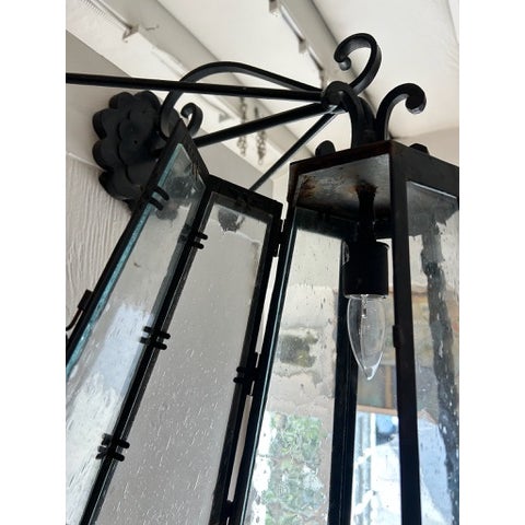 Vintage Iron Lantern Wall Sconces With Glass Seeded Panels - a Pair For Sale - Image 10 of 17