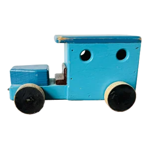 Vintage Blue Primative Wood Milk Truck Pull Toy