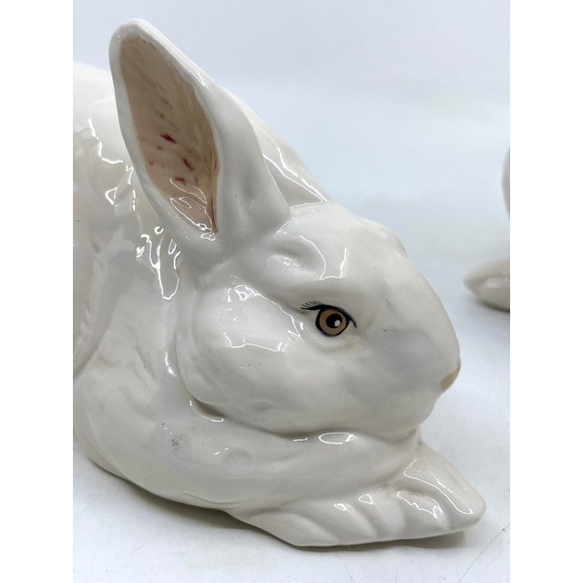 Late 20th Century Vintage Porcelain Floral Rose and Blue Bow Bunny Rabbit Statues- A Set For Sale - Image 5 of 10