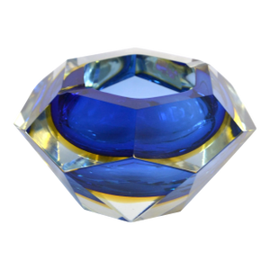 Vintage Mid-Century Modern Sommerso Faceted Large Blue Clear Ashtray Italy In the Style of Flavio Poli