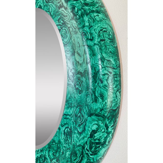 Wood Vintage Faux Malachite Round Beveled Glass Wall Mirror For Sale - Image 7 of 7
