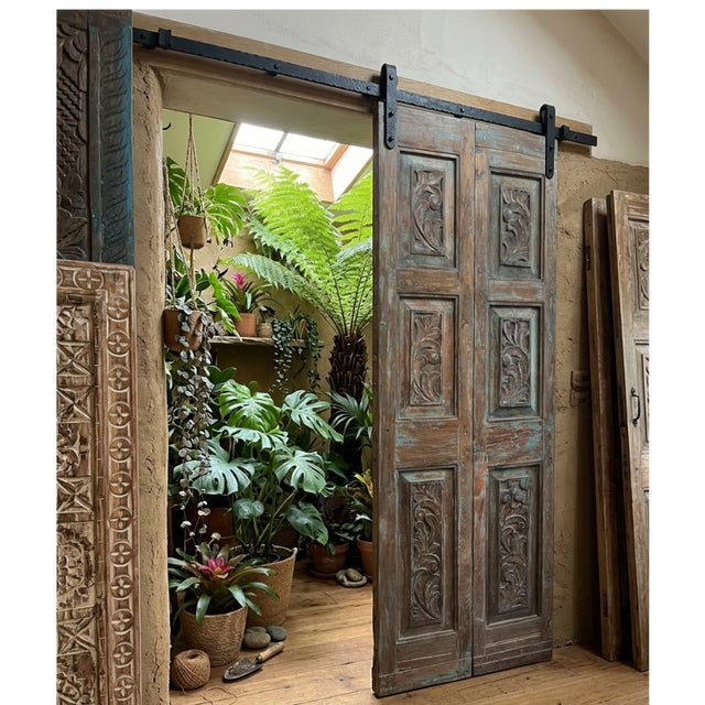Brown Vintage Carved Double Doors | Reclaimed Wood Hinged or Sliding Barn Doors 80 For Sale - Image 8 of 8