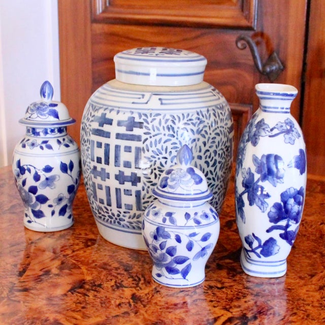A nice grouping of Chinese Blue and white porcelain, consisting of a larger "Double Happiness" pattern ginger jar...