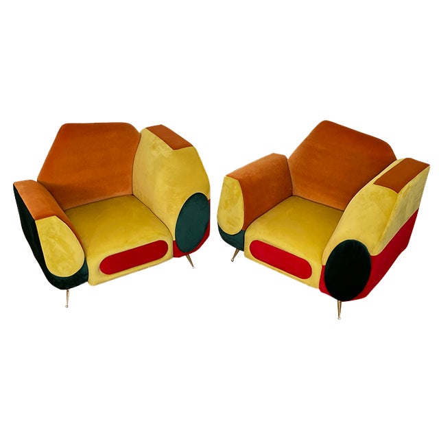 Set of Asymmetrical Armchairs in Multicolored Fabric, 1990s For Sale