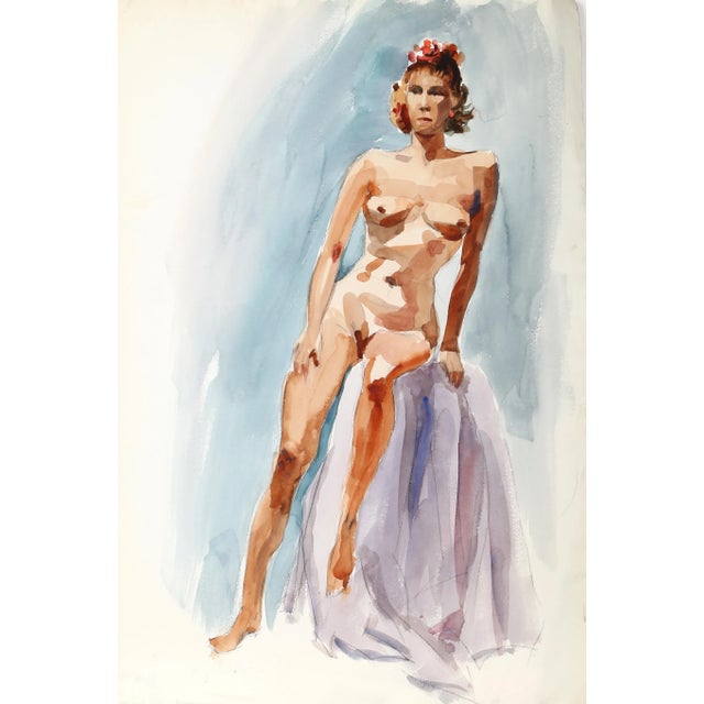 Leaning against a pedestal draped in purple fabric, the nude model in this Eve Nethercott print sits with one leg up while...
