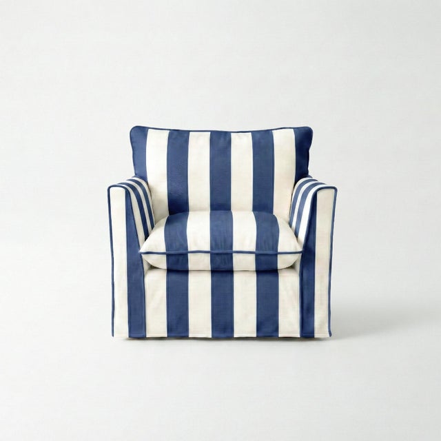 Sophie Conran Coco Armchair - Sea Holly Blue Wide Stripes with Knife Edge Cushion For Sale - Image 4 of 4