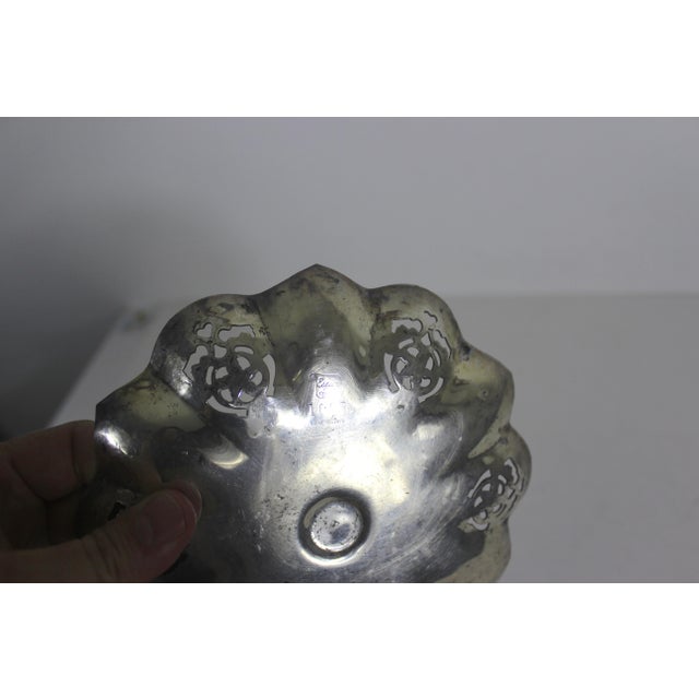 Vintage Small Silver Bonbon Dish With Handle Ruffled Edge Tray, Round Silver Plated Dish With Pierced Cutout Details Patina Trinket For Sale - Image 9 of 9