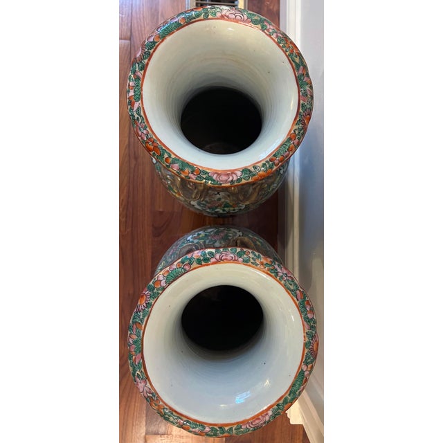 Ceramic Antique Rose Medallion Tall Vases - a Pair For Sale - Image 7 of 8