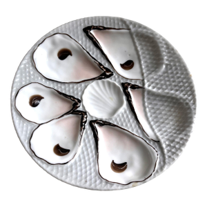 Antique French Porcelain Oyster Plate – Basketweave & Molded Shell Design, C. 1880–1910