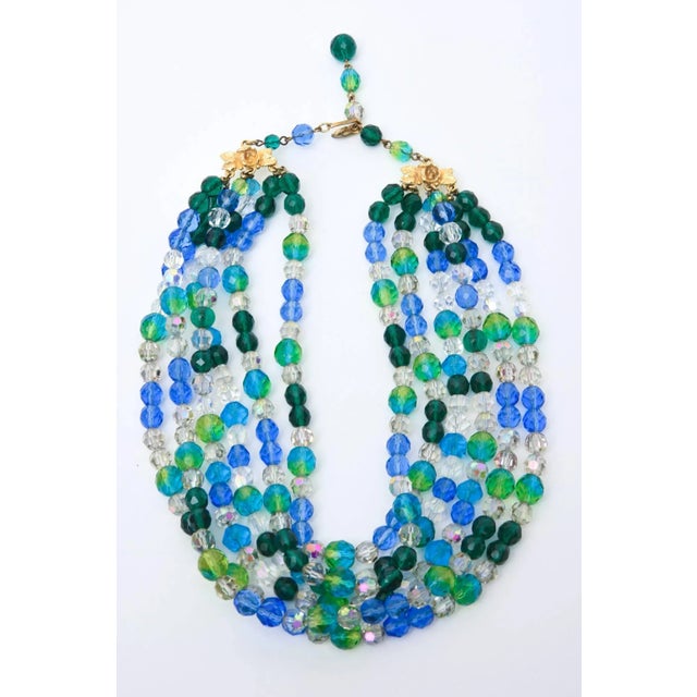 Modern Vintage Schiaparelli Turquoise & Green Glass Strand Necklace & Clip on Earrings - 3 Pieces For Sale - Image 3 of 10