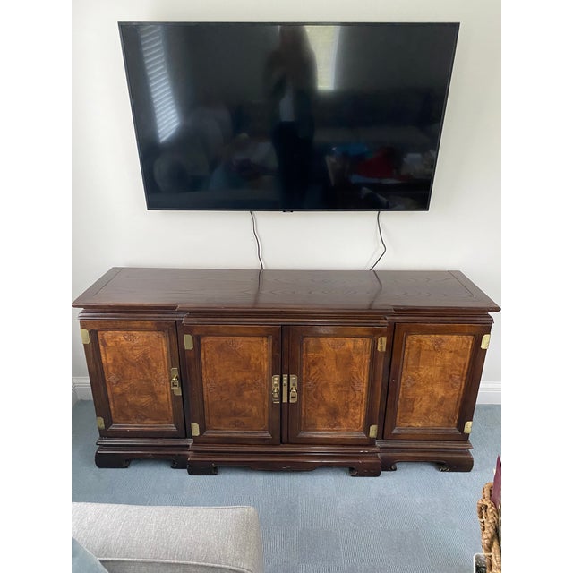 1990s Chinoiserie Wood Credenza With Brass Hardware and Burl Doors For Sale - Image 13 of 13