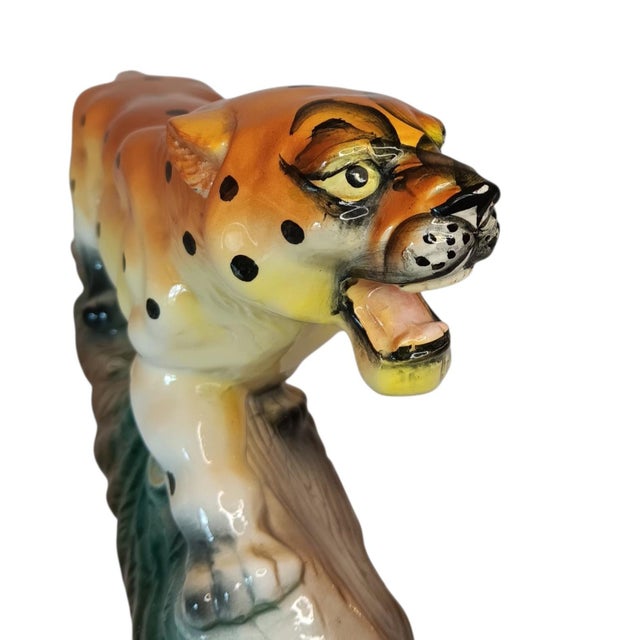 1960s Vintage Ceramic Leopard Cheetah Statue Figurine on Green & Brown Base 12" X 3" X 6" Made in Japan For Sale - Image 5 of 17