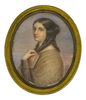 19th Century "Woman Holding a Book" Miniature Portrait Painting, Framed