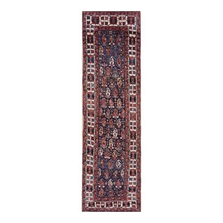 Antique Caucasian Blue Tribal Paisley Wool Hallway Runner Kazak Rug For Sale