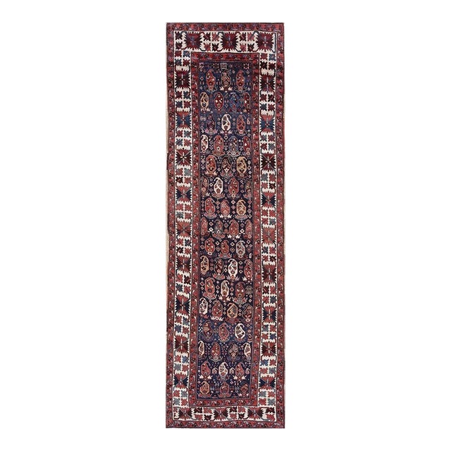 Antique Caucasian Blue Tribal Paisley Wool Hallway Runner Kazak Rug For Sale