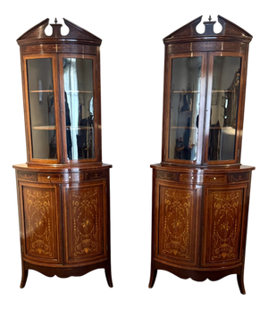 Antique Edwardian Mahogany Marquetry Inlaid Corner Cabinets, 1900s, Set of 2