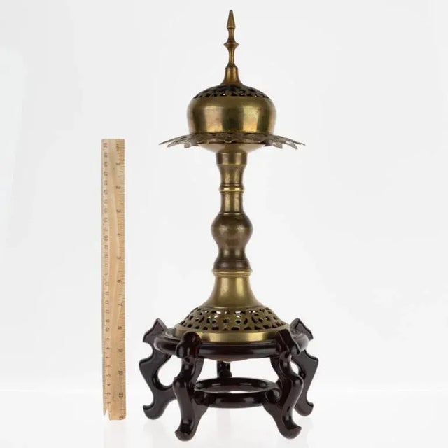 Antique Indian Pierced Bronze Incense Burner on Wooden Stand For Sale - Image 6 of 7