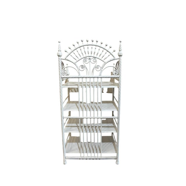 Charming perfectly proportioned antique white panted wicker and wood etagere. Many layers of white paint. 4 stable wood...