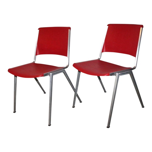 1960s Mid Century Modern Steelcase Stackable Red Plastic Chairs a
