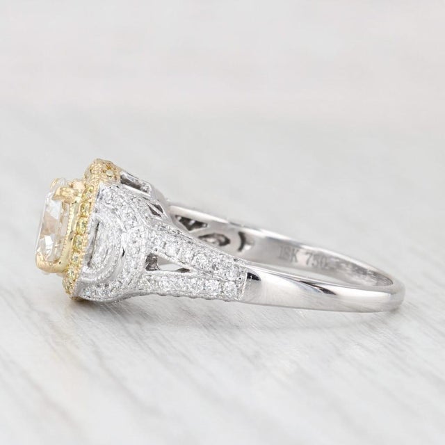Modern 1.87ctw White Yellow Diamond Halo Engagement Ring 18k White Gold Size 8 Gia For Sale - Image 3 of 8