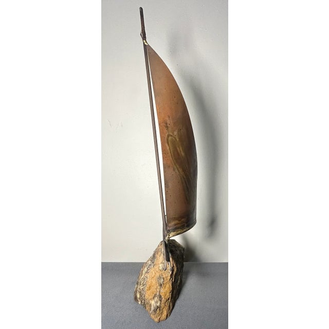 Vintage 1970’s American Brutalist Welded Copper/Brass Metal Sailboat on Stone Base Sculpture by Bijan Bahar For Sale In New Orleans - Image 6 of 7