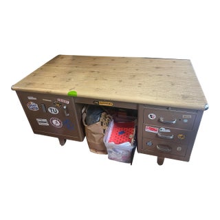 Vintage Industrial Metal Desk With Wooden Top- Stickers Included For Sale