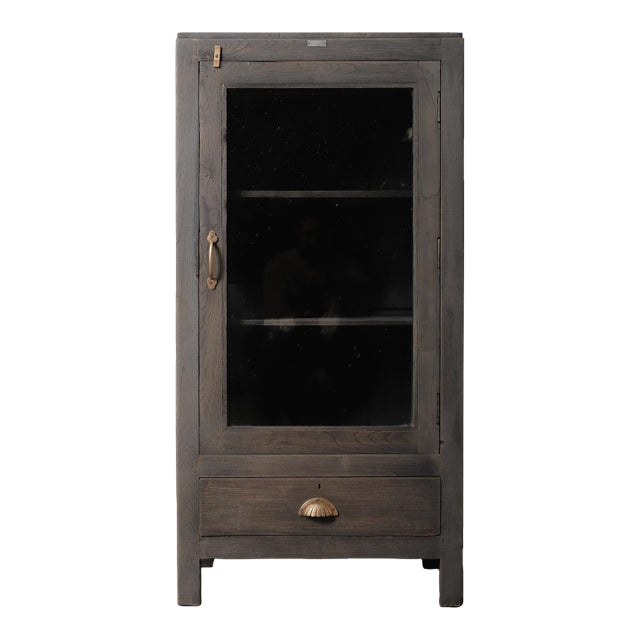Mid 20th Century Grey Wooden Glass-Front Display Cabinet With Drawer For Sale