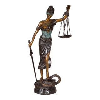 Lady Justice, Cast Bronze Tabletop Statuette with Scales and Sword For Sale