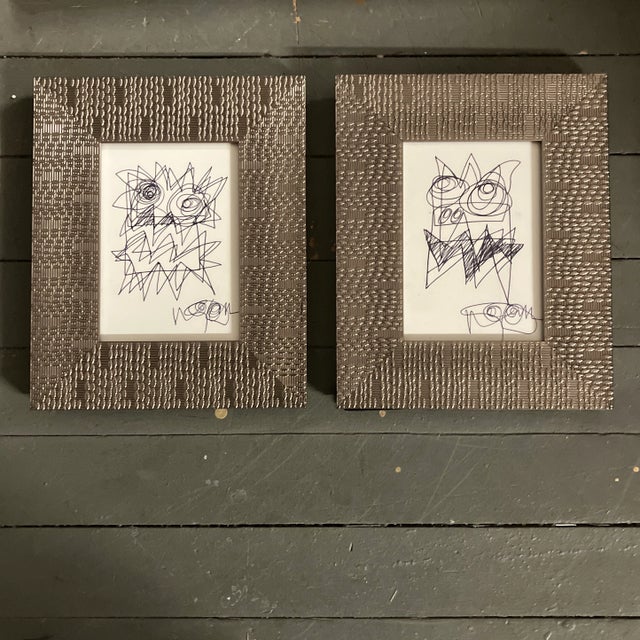 Glass 1980’s 2 Original Wayne Cunningham Small Abstract Ink Drawings Ornate Tabletop Frames-A Pair For Sale - Image 7 of 7
