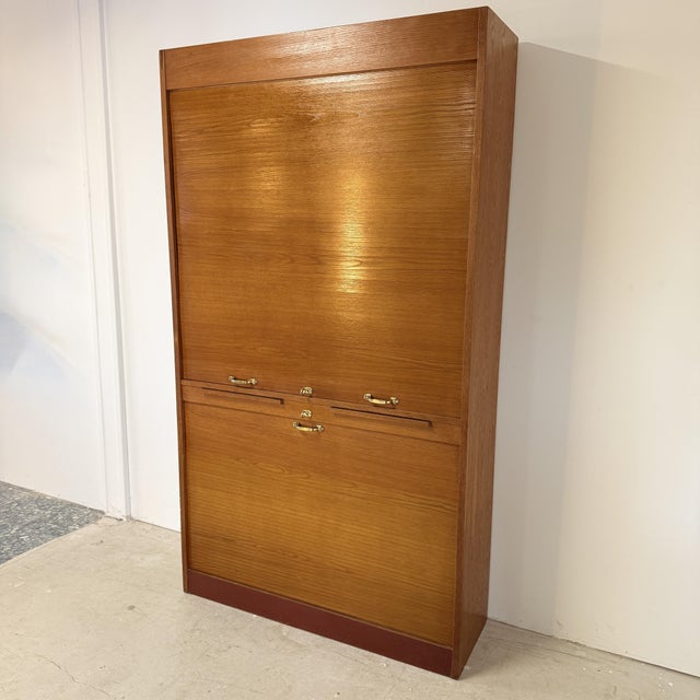 Mid-Century Modern Vintage Oak Tambour Secretary Cabinet, Germany, 1960s For Sale - Image 16 of 16