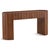 Rich brown Mindi wood console table with smooth scalloped design and rounded edges. Each may vary in exact coloring and...